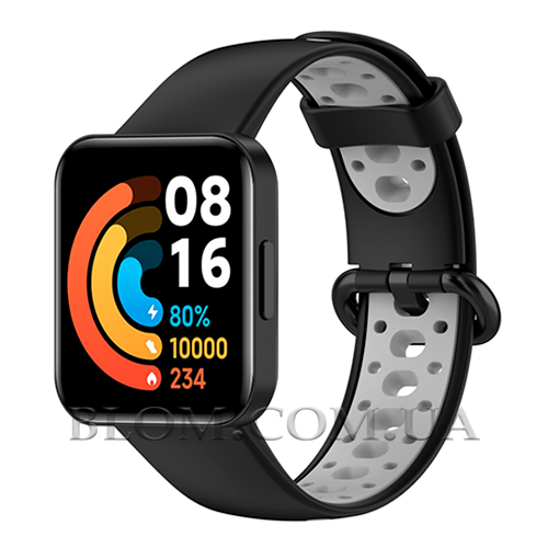 Ремінець силіконовий перфорований для годинника Mi Watch 2 Lite / Redmi Watch 2, Чорний-Сірий