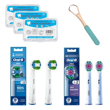 Набір насадки 3D white 2 шт, Precision Clean 2 шт для oral b, скребок для язика і флос-зубочистки 150 шт, 4