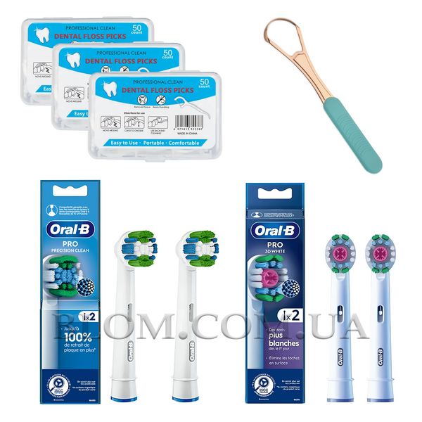 Набор насадки 3D white 2 шт, Precision Clean 2 шт для oral b, скребок для языка и флосс-зубочистки 150 шт, 4