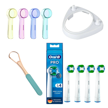 Набір насадки Oral-B Pro Precision Clean 4 шт, ковпачки для насадок, підставка для щітки та скребок для язика