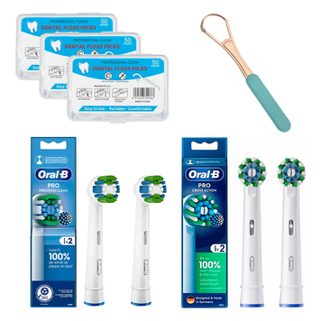 Набір насадки Cross Action 2 шт, Precision Clean 2 шт для oral b, скребок для язика і флос-зубочистки 150 шт