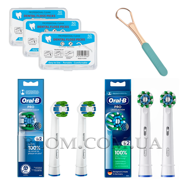 Набір насадки Cross Action 2 шт, Precision Clean 2 шт для oral b, скребок для язика і флос-зубочистки 150 шт